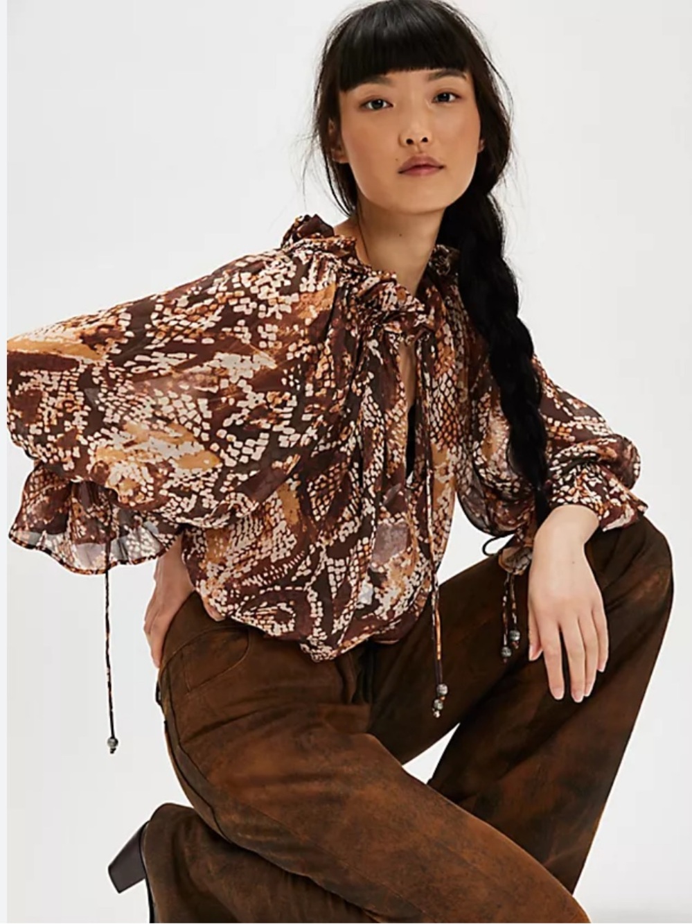 Tan and Brown Ruffled Tie Front Crop Blouse